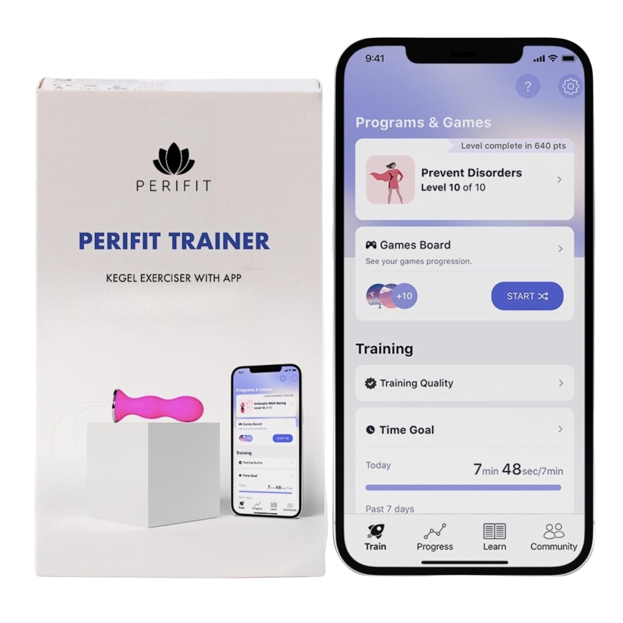Perifit pelvic-floor exerciser pink beside smartphone for app-guided training and bladder control.