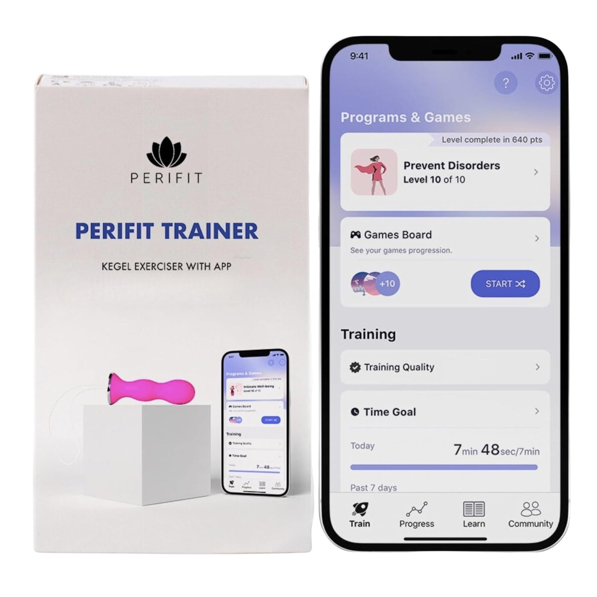 Perifit pelvic-floor exerciser pink beside smartphone for app-guided training and bladder control.