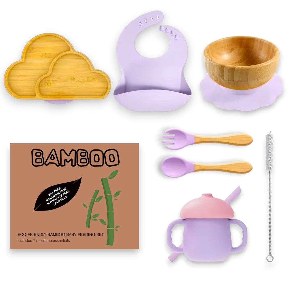 Perlyna Variety bamboo suction plate on a tray to reduce spills