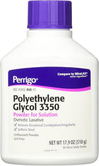 Perrigo PEG 3350 powder bottle ready to support occasional relief when mixed into drinks.
