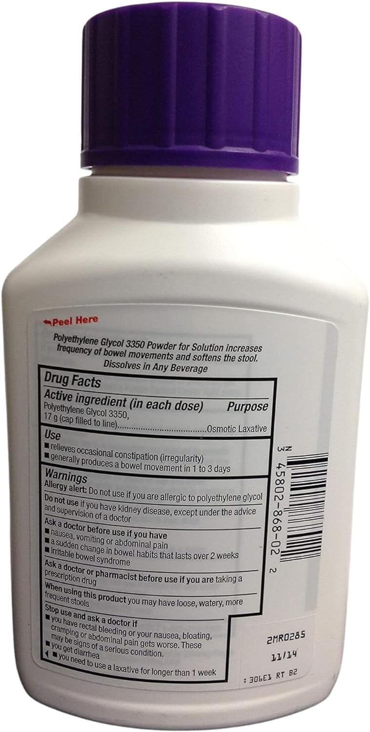 Perrigo PEG 3350 powder dissolves easily in beverage for daily comfort.