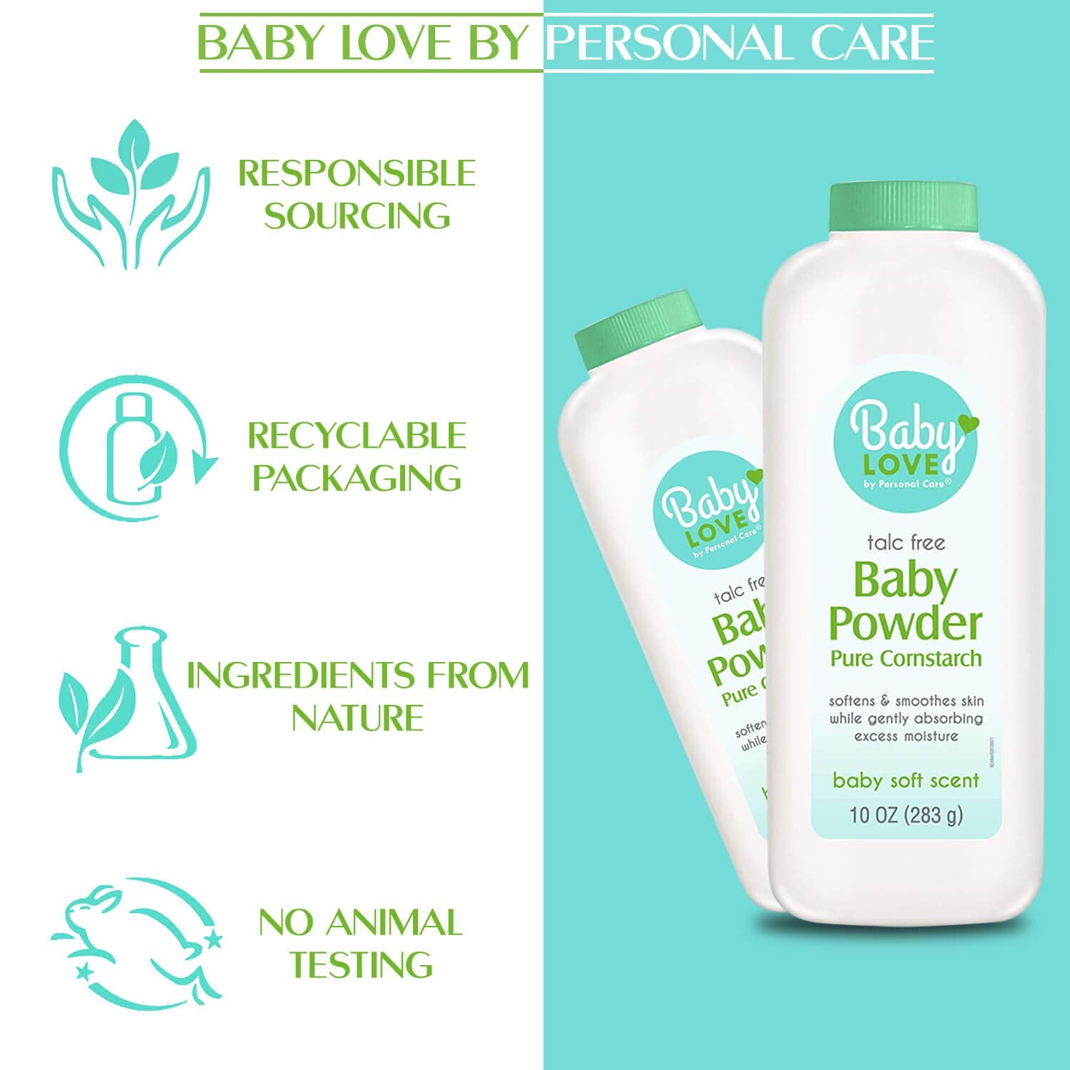 Personal Care Baby Powder after bath use signifies soft, moisture-absorbing finish.
