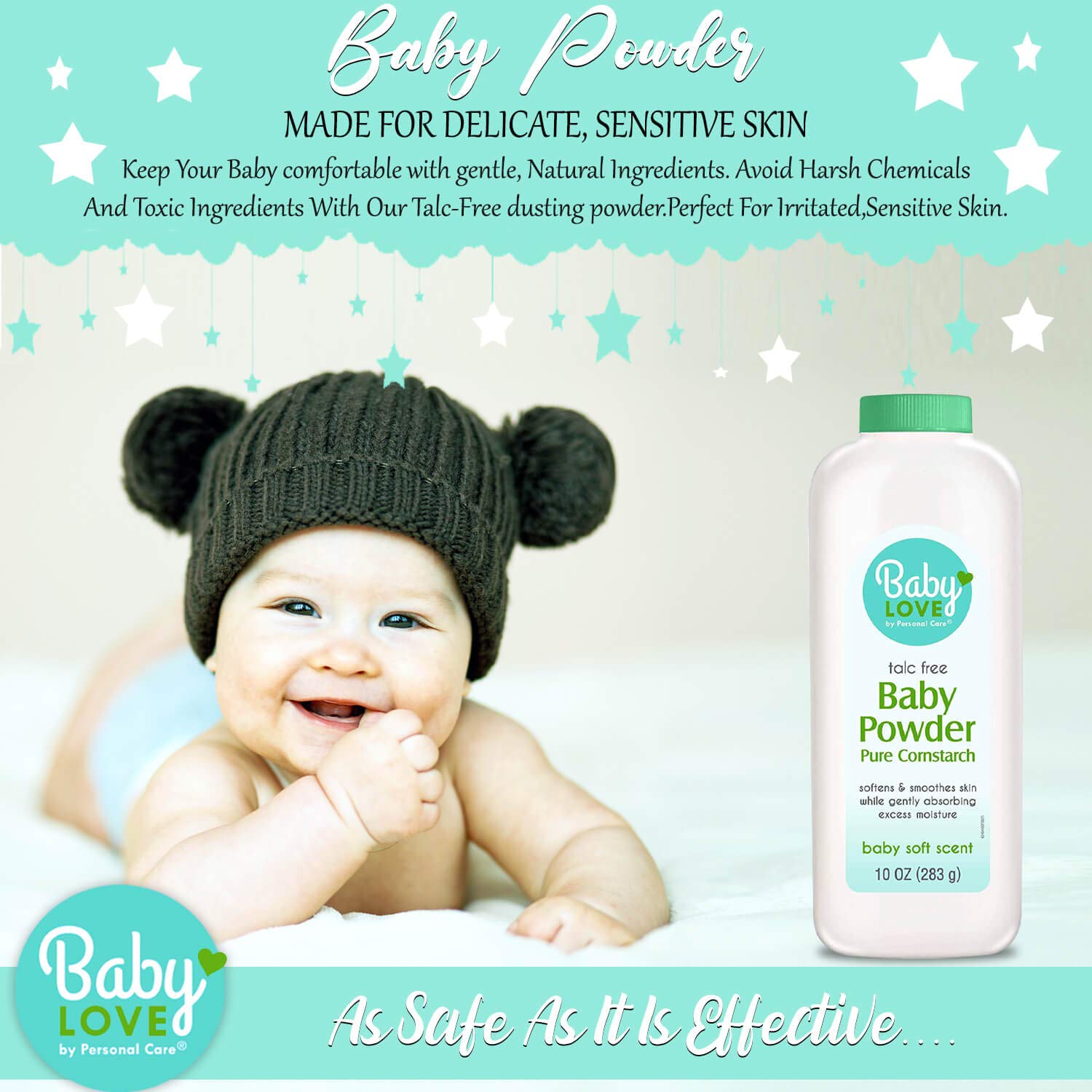Personal Care Baby Powder dusting on skin demonstrates easy, light application.