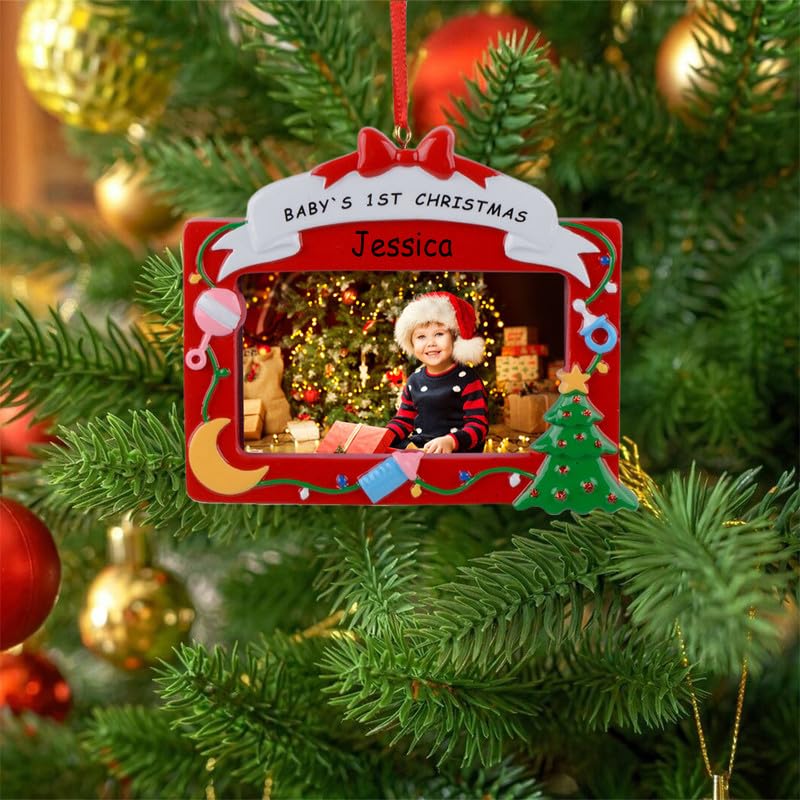 Personalized Ornaments red baby photo frame hanging decor for holiday display.