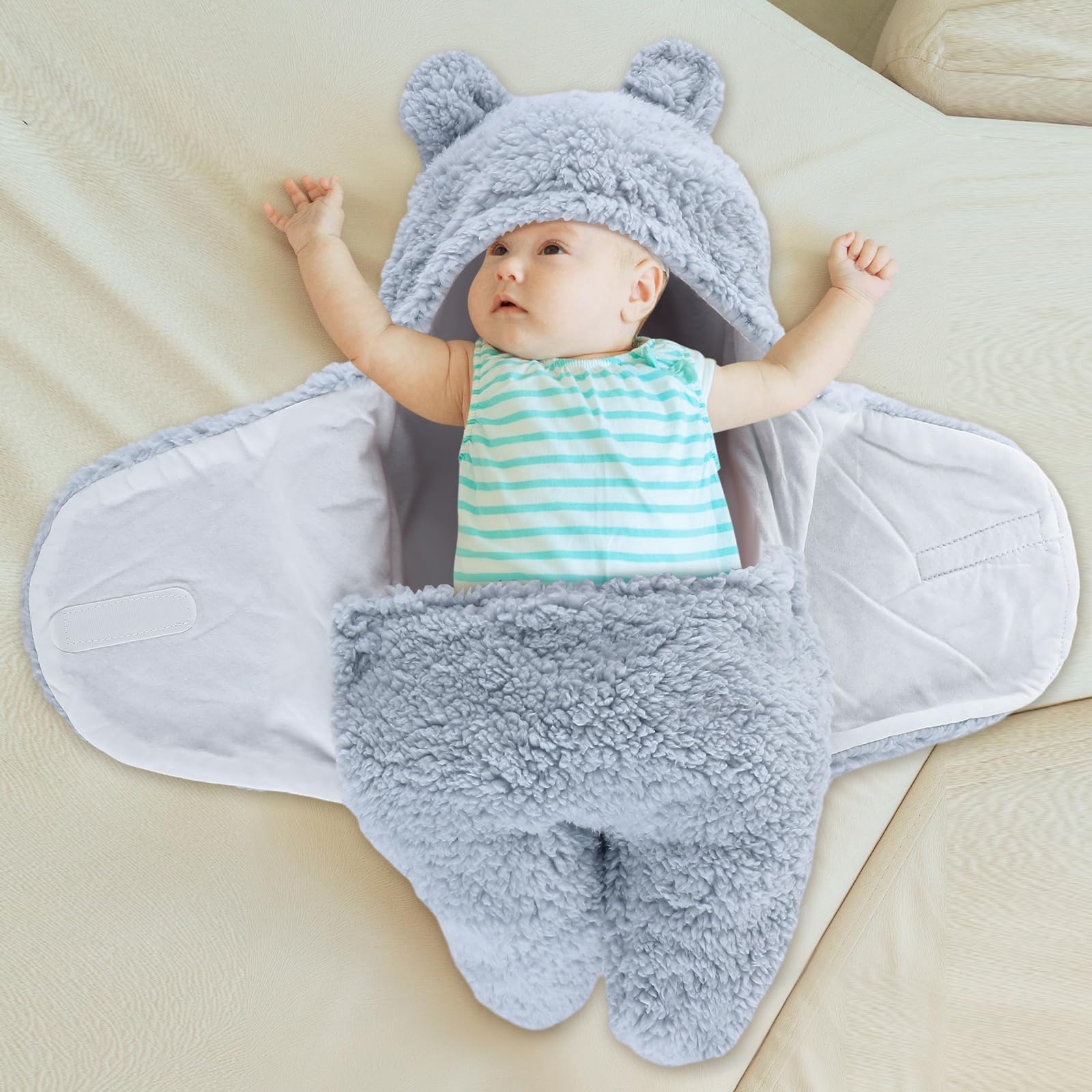 Peryiter bear plush swaddle blue warm, cozy wrap for baby