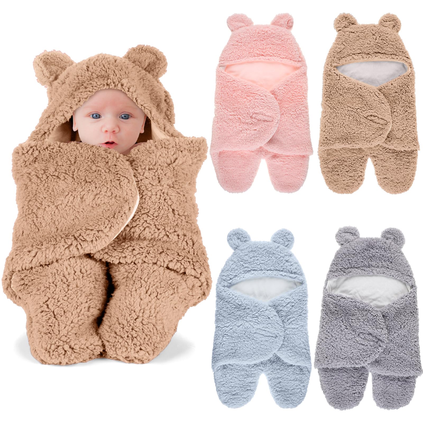 Peryiter bear plush swaddle purple with adjustable hood for secure newborn wrap