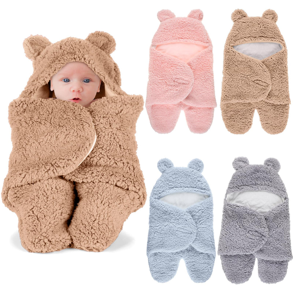 Peryiter bear plush swaddle purple with adjustable hood for secure newborn wrap
