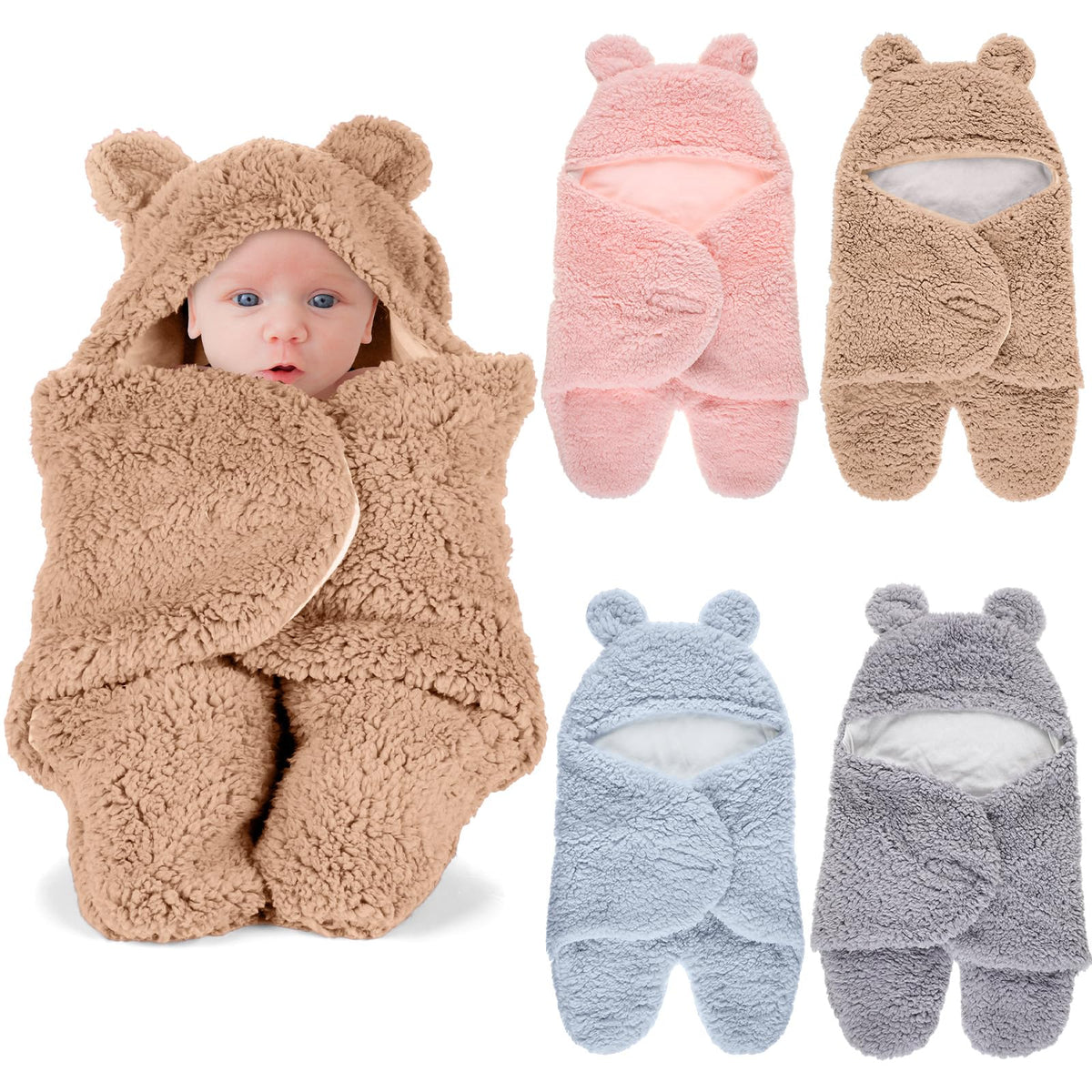 Peryiter bear plush swaddle purple with adjustable hood for secure newborn wrap
