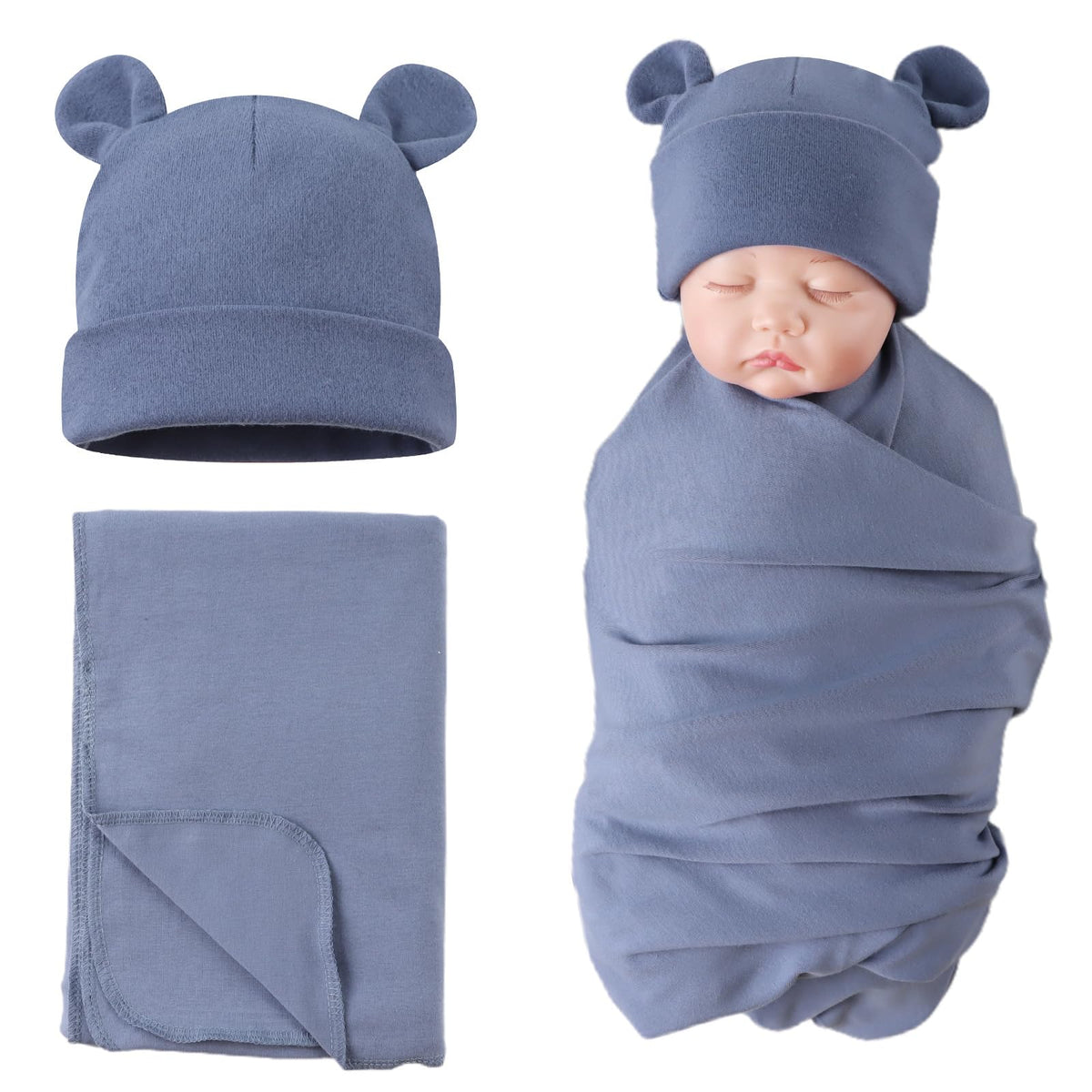 PESAAT cotton baby swaddle hat set, cozy newborn warmth.