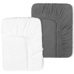 Pet Rejoir gray and white muslin crib sheets offer breathable softness for baby sleep.