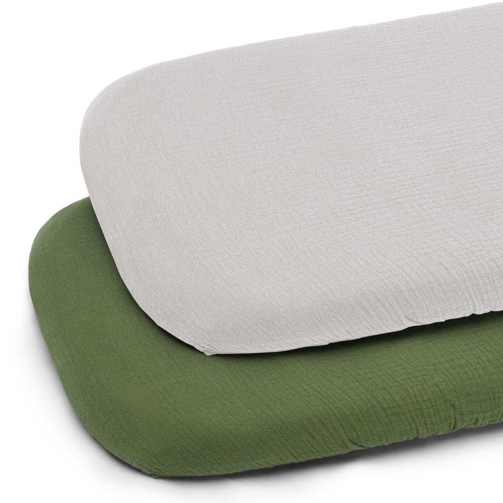 Pet Rejoir muslin bassinet sheet in olive green, breathable and gentle on delicate skin.