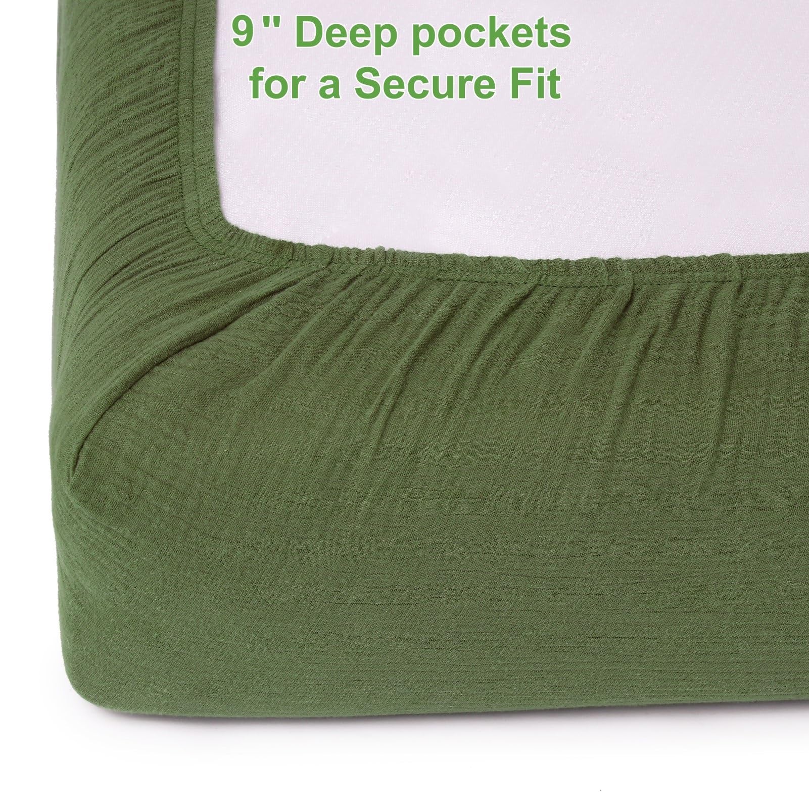 Pet Rejoir muslin crib sheet elastic edge close-up demonstrating snug fit