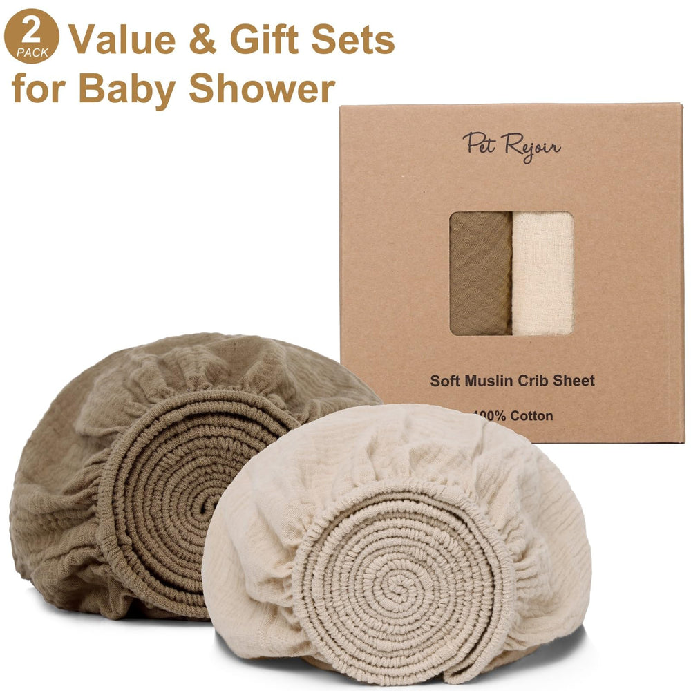 Pet Rejoir muslin crib sheet in light beige, a neutral nursery staple.