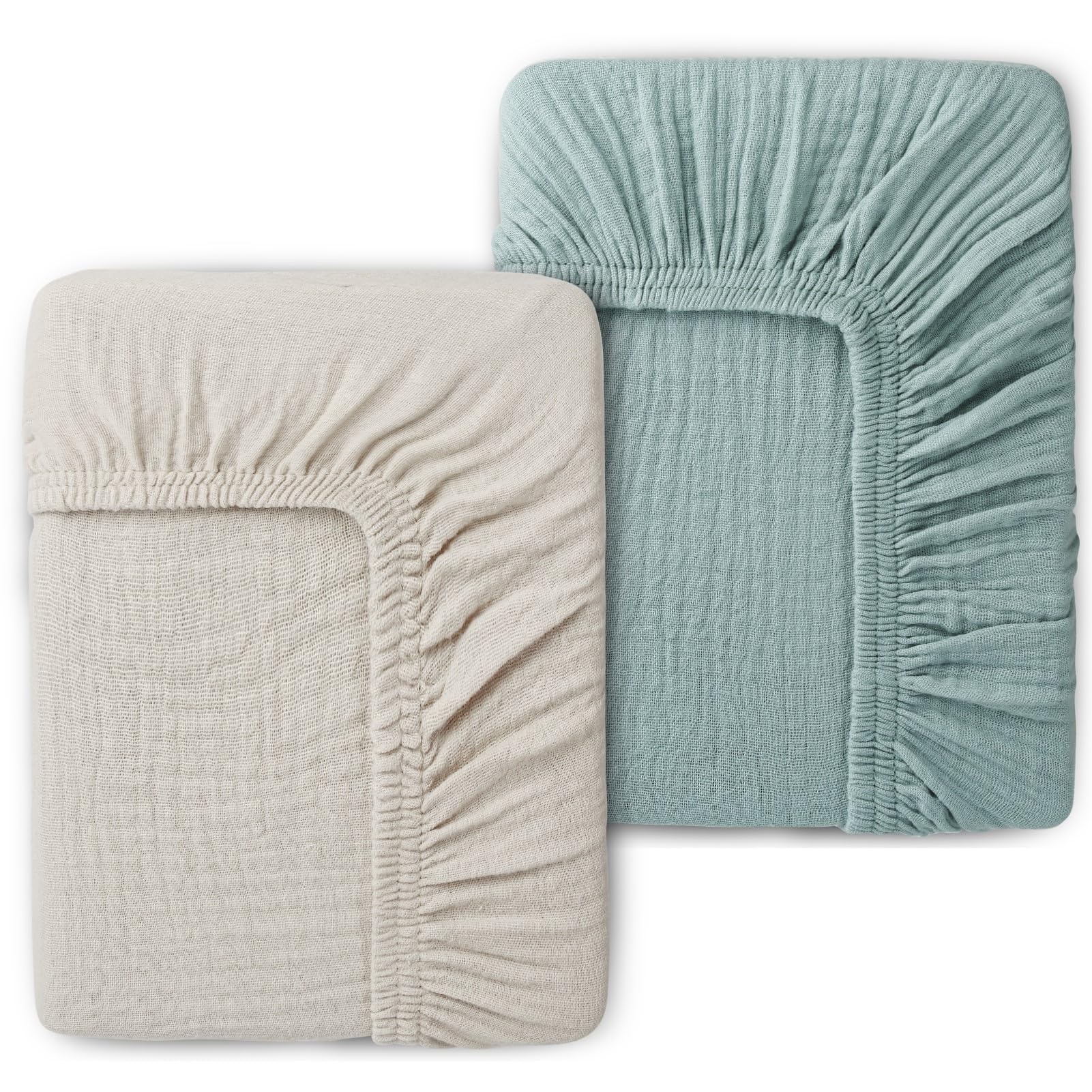 Pet Rejoir muslin fitted crib sheet in sage green offers breathable comfort for baby naps.