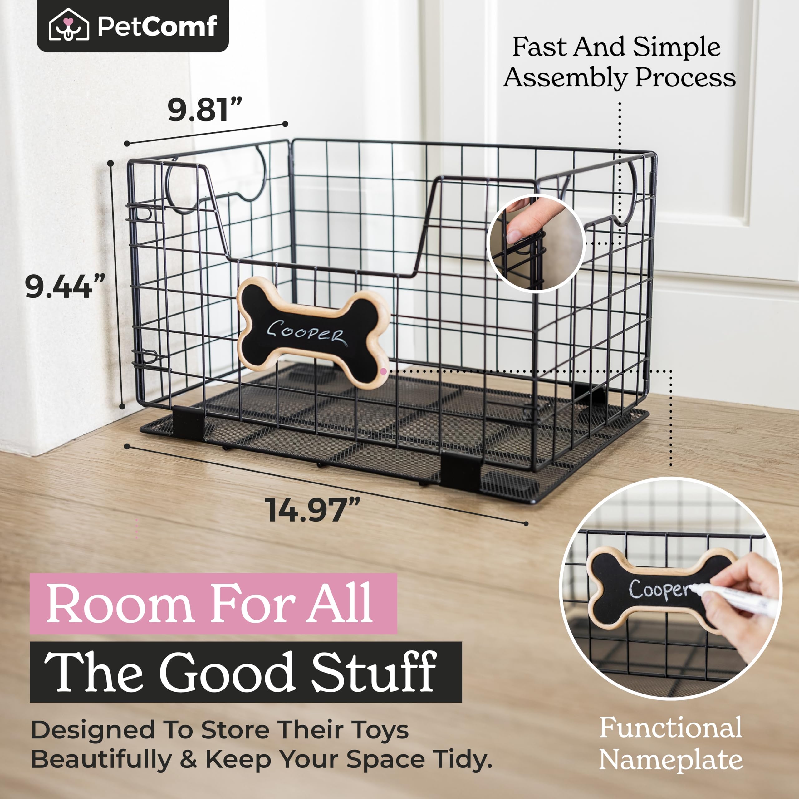 PetComf dog toy basket chalkboard nameplate close-up for personalized decor.