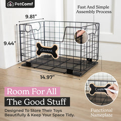 PetComf dog toy basket chalkboard nameplate close-up for personalized decor.