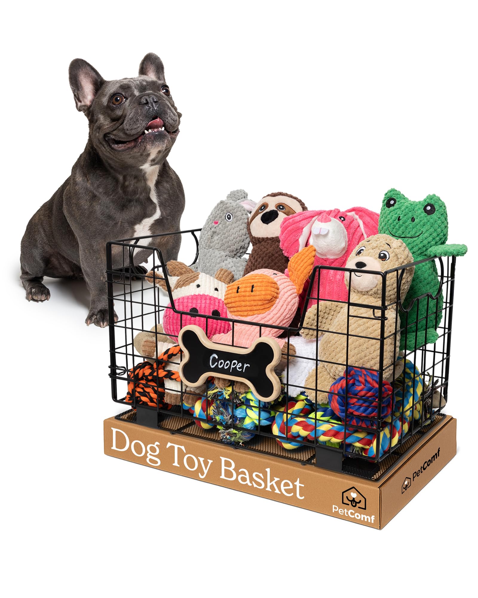 PetComf dog toy basket front view showing sturdy steel and easy access.