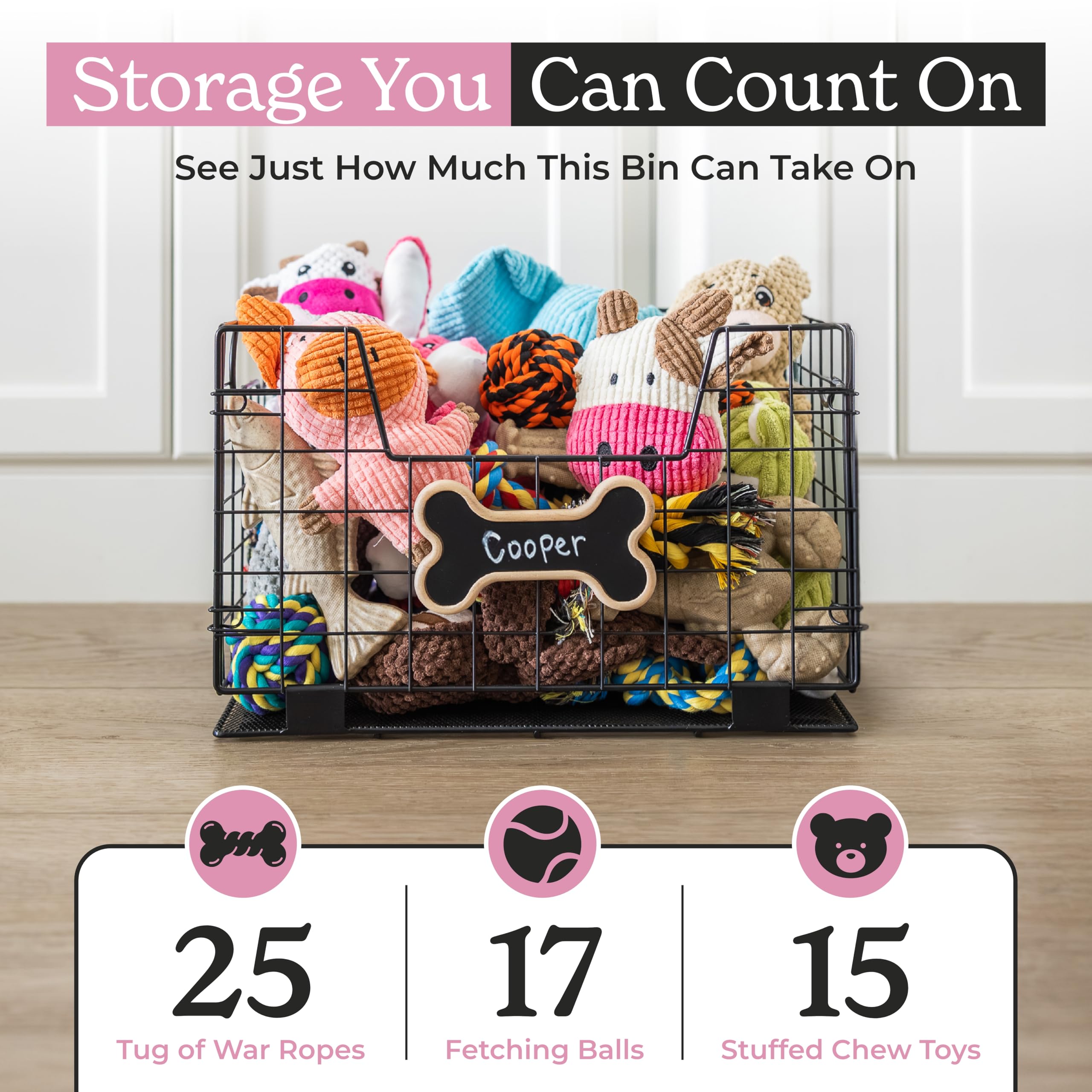 PetComf dog toy basket in living room demonstrates discreet, multi-functional storage.