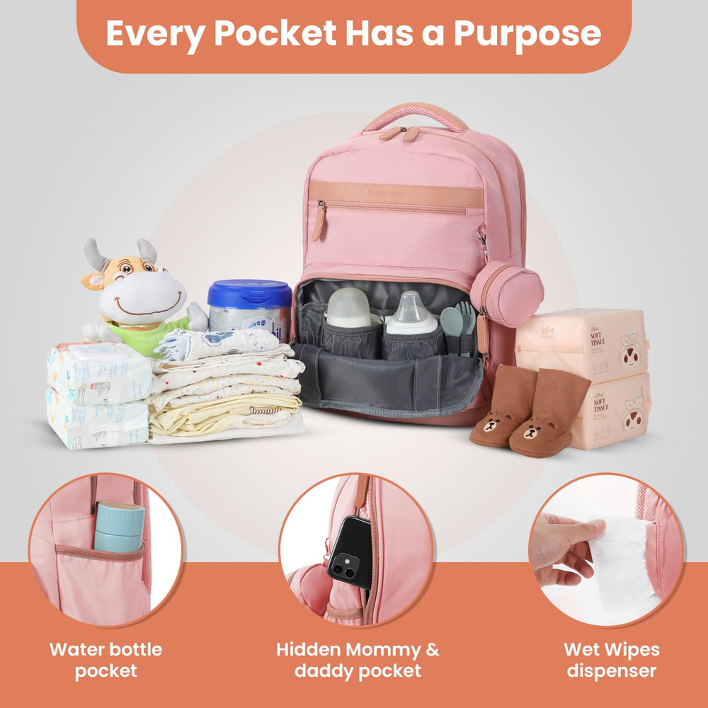 Petino Pura nylon diaper bag showing 28-liter capacity and organized interior compartments.