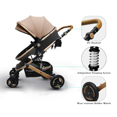 PetitX red folded stroller for compact storage and travel.