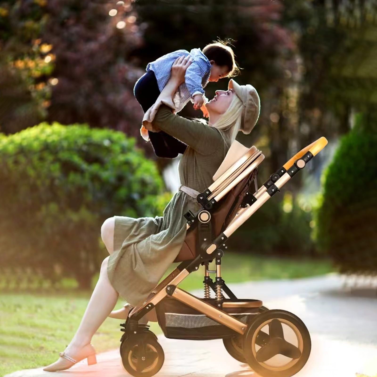 Travel-ready PetitX stroller shown folded beside a suitcase.