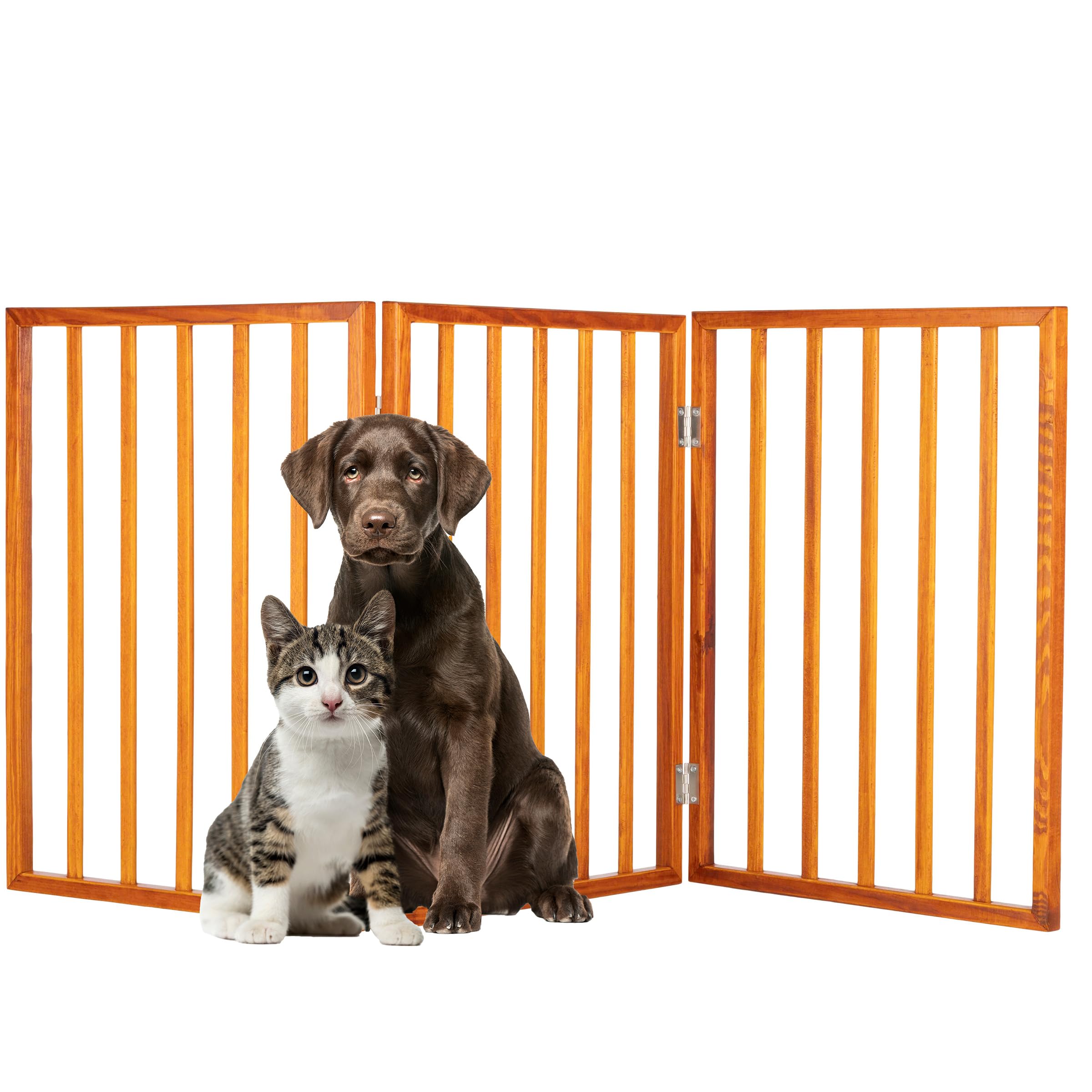 PETMAKER 3-panel indoor foldable dog gate blocks doorways in mahogany.
