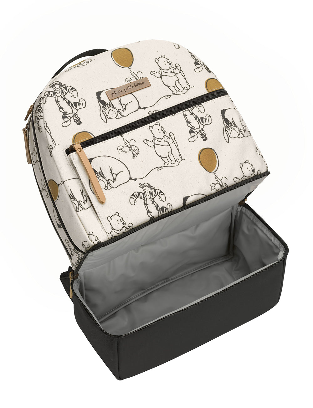 Petunia Pickle Bottom District Backpack Winnie the Pooh insulated bottom keeps snacks cool during outings.