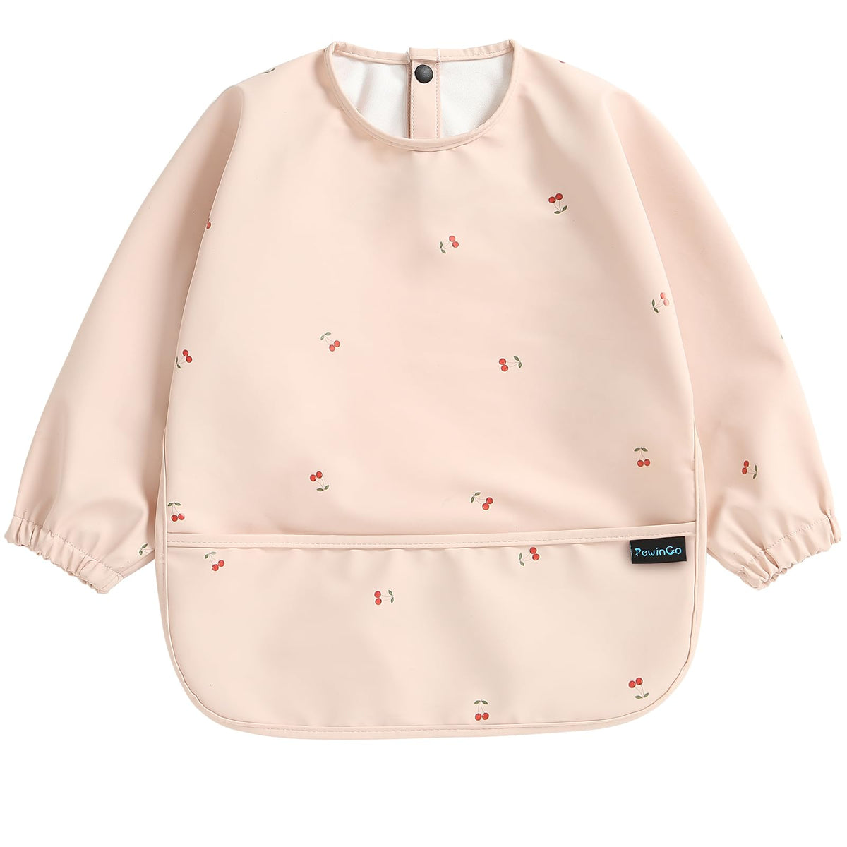 PewinGo baby bib with long sleeves in pink protects outfits during feeding