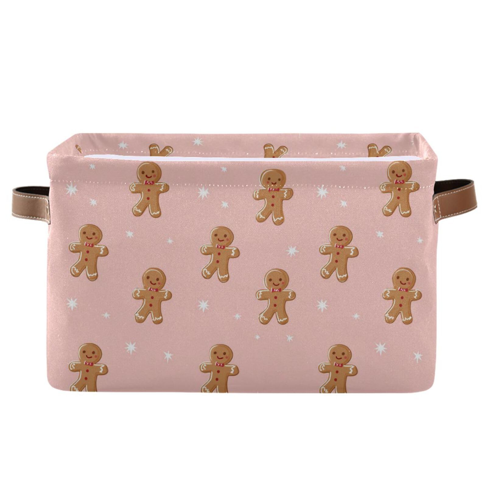 Pfrewn Christmas storage basket with pink gingerbread-man print keeps toys organized in nursery