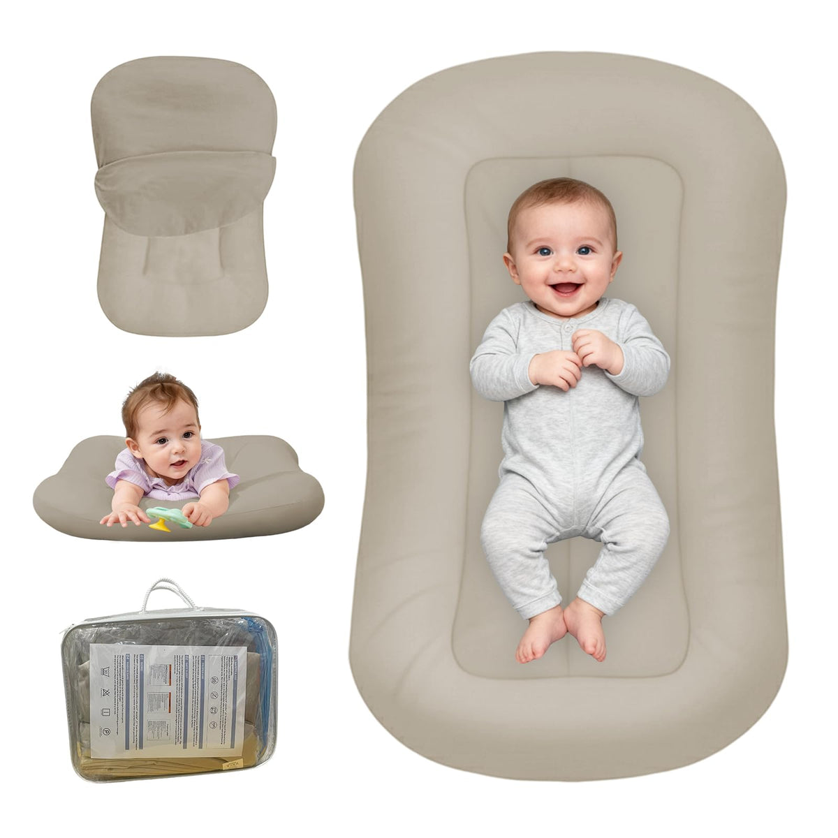 PGONEEE Baby Lounger Cream Grey close-up showing soft organic cotton comfort for newborns.
