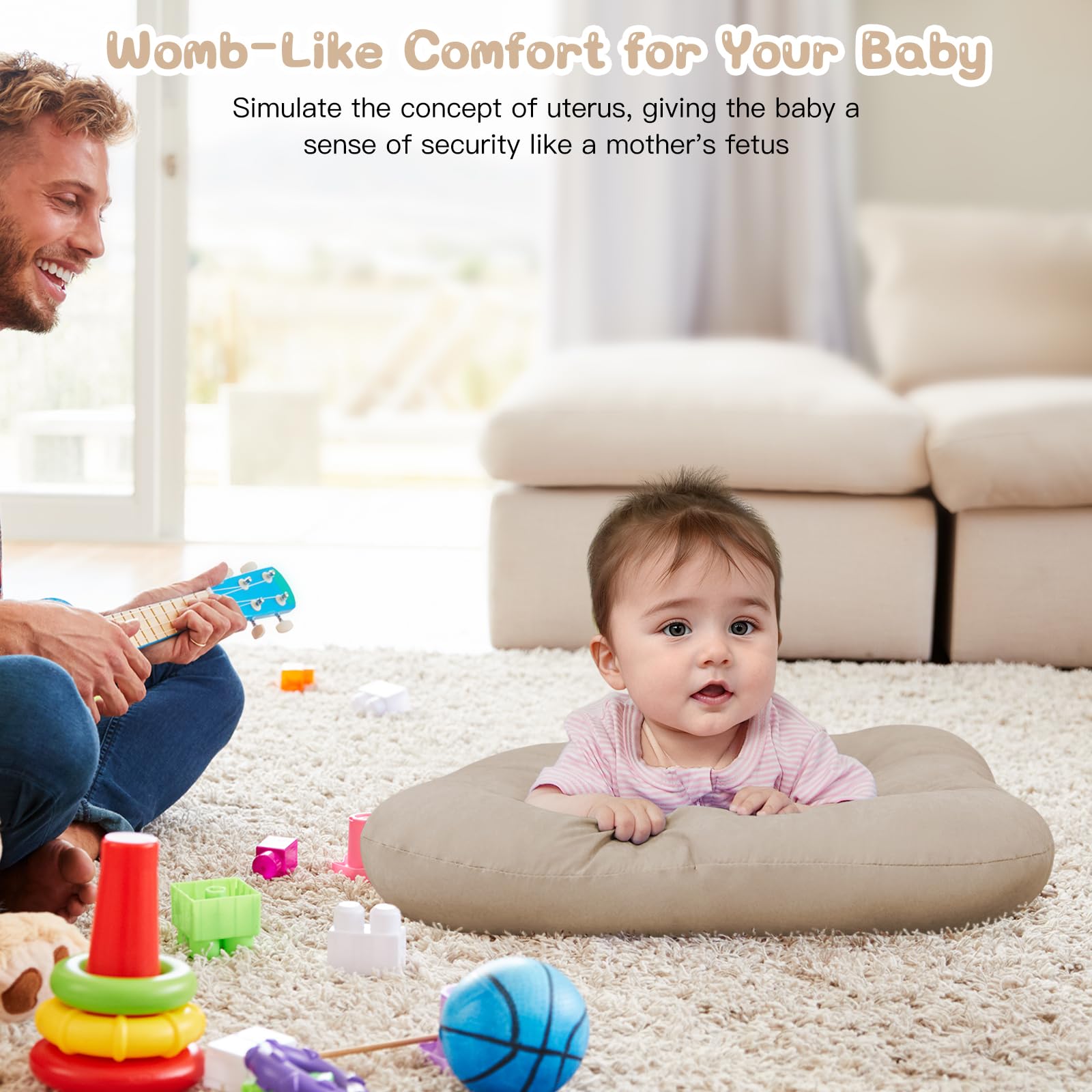 PGONEEE Baby Lounger on living room floor during family bonding and tummy time.
