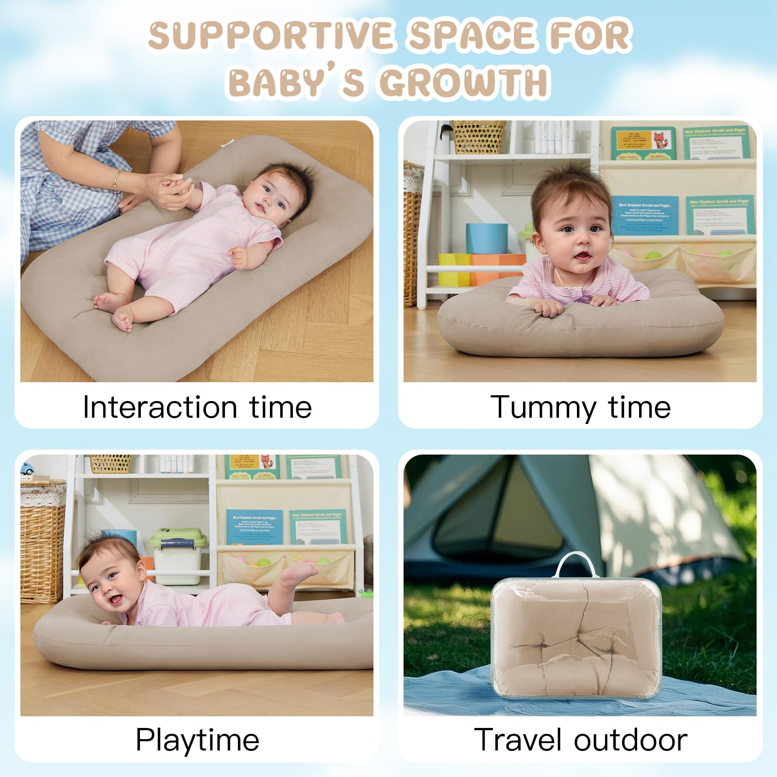 PGONEEE baby lounger in tummy time pose supports curious exploration.