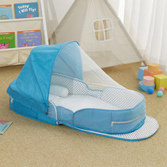 PGONEEE blue bassinet folds into a lightweight backpack for trips.