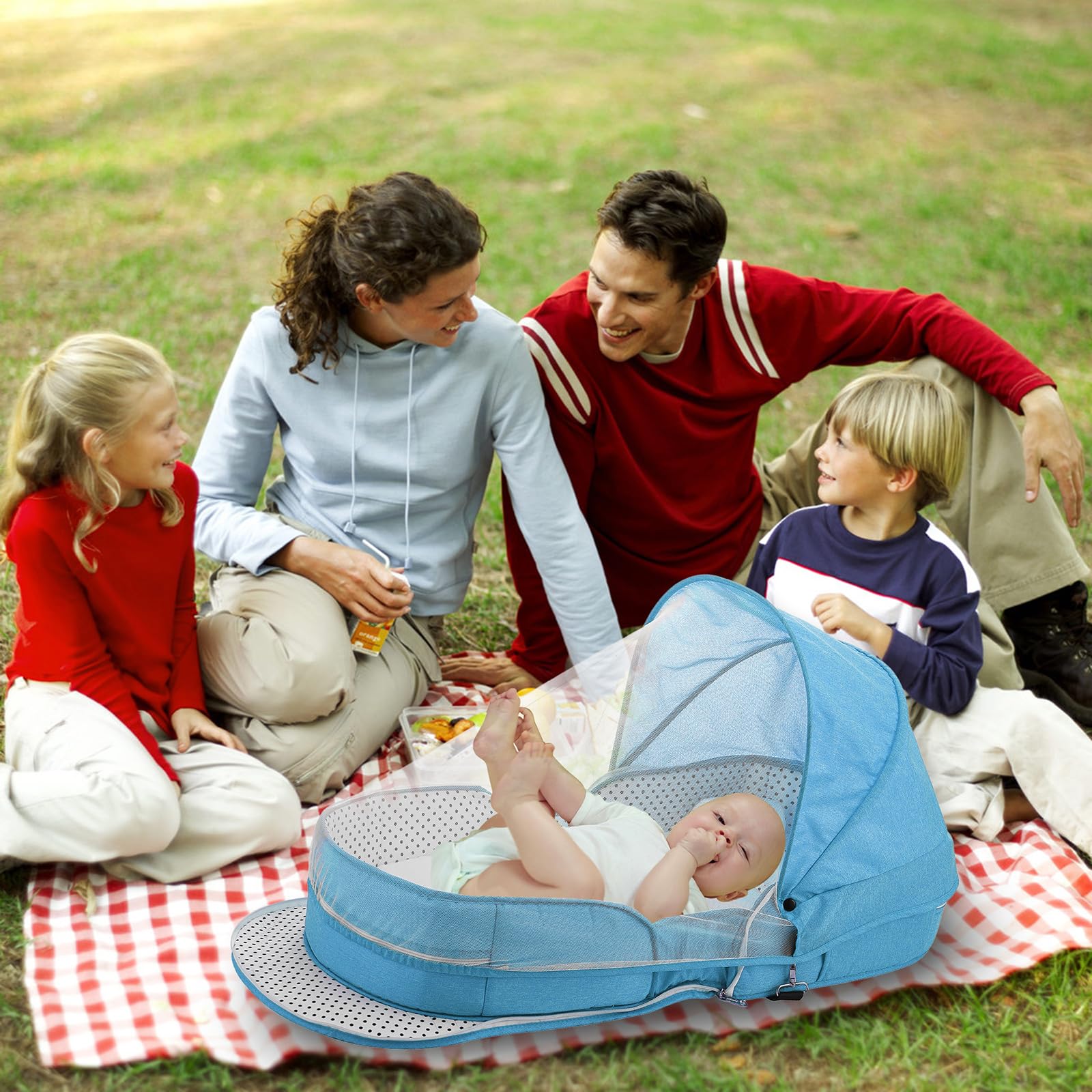 PGONEEE blue bassinet features soft pad for cozy rests.