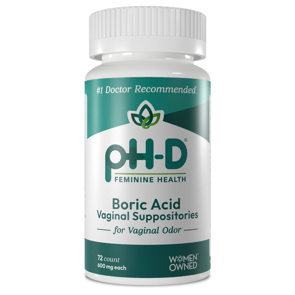 pH-D boric acid suppositories pack on a clean surface for vaginal health support