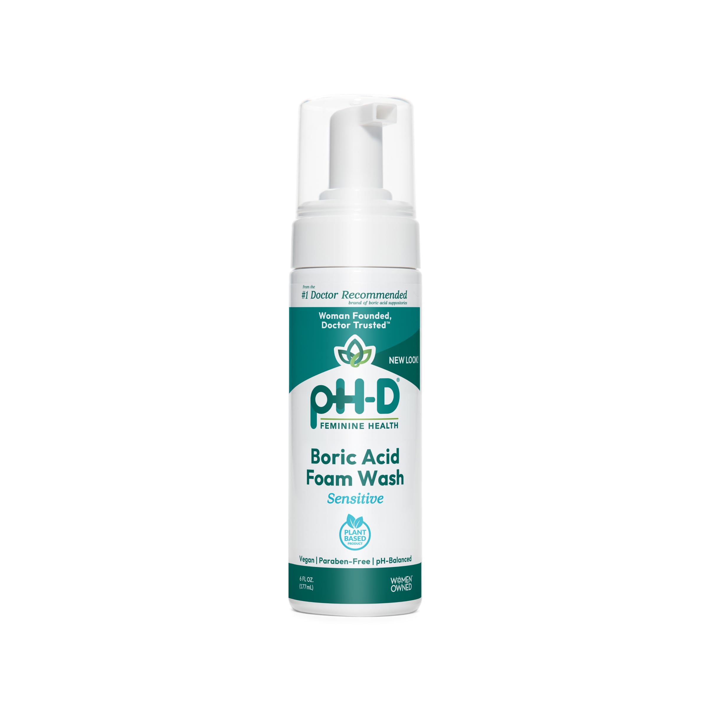 pH-D Feminine Health Boric Acid Foam Wash bottle front, gentle formula for sensitive skin
