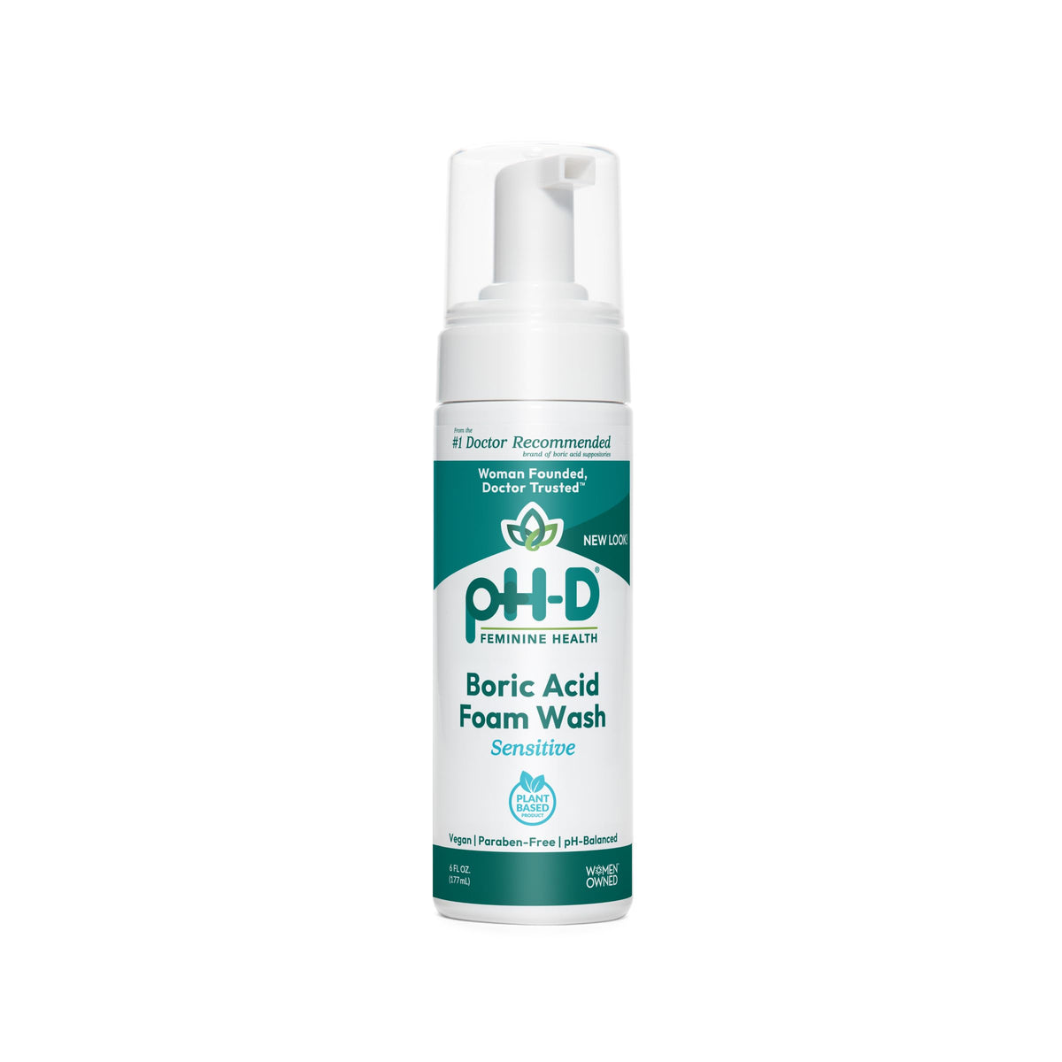 pH-D Feminine Health Boric Acid Foam Wash bottle front, gentle formula for sensitive skin