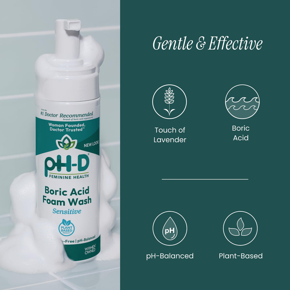 pH-D Feminine Health Boric Acid Foam Wash packaging highlights pH balanced formulation