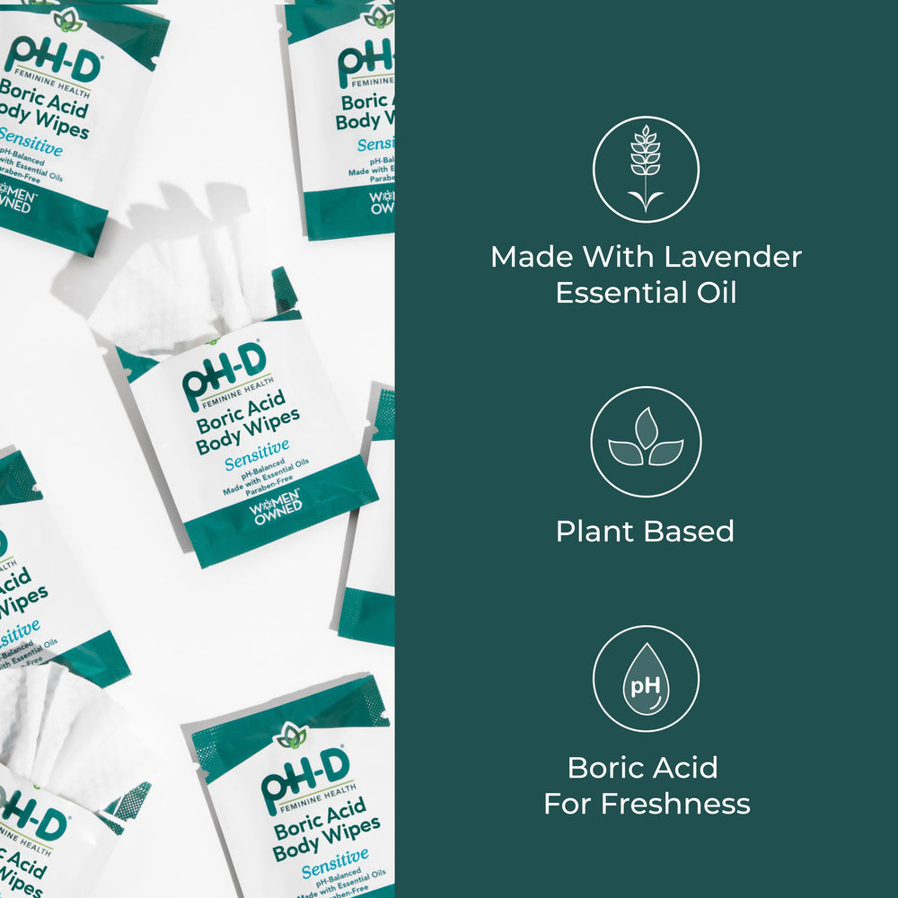 ph-D Feminine Health boric wipes with lavender scent offering gentle refreshment