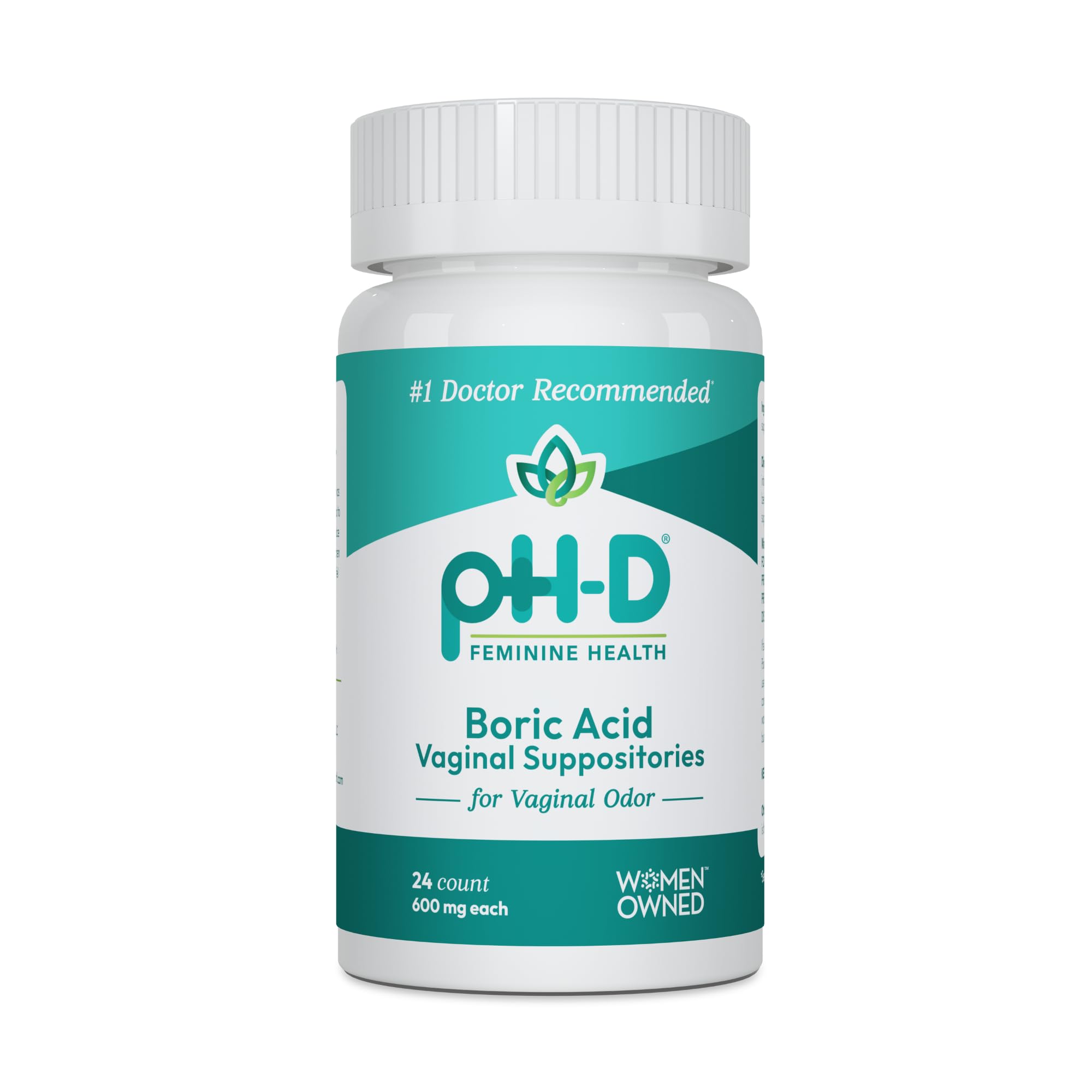 pH-D Feminine Health box with boric acid suppositories for odor support.