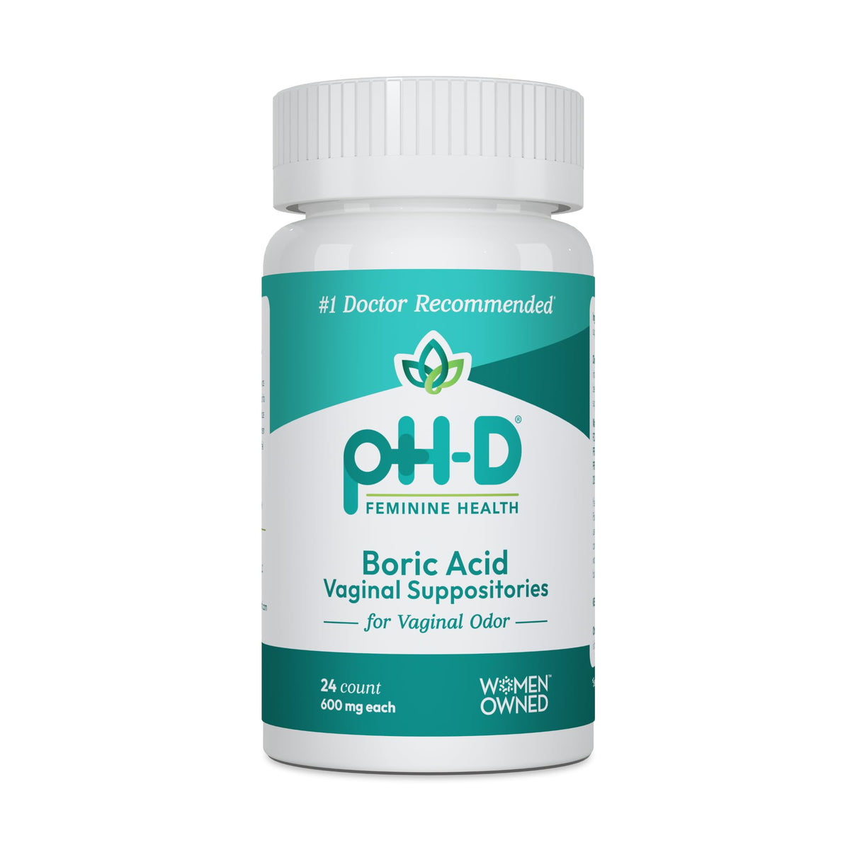 pH-D Feminine Health box with boric acid suppositories for odor support.