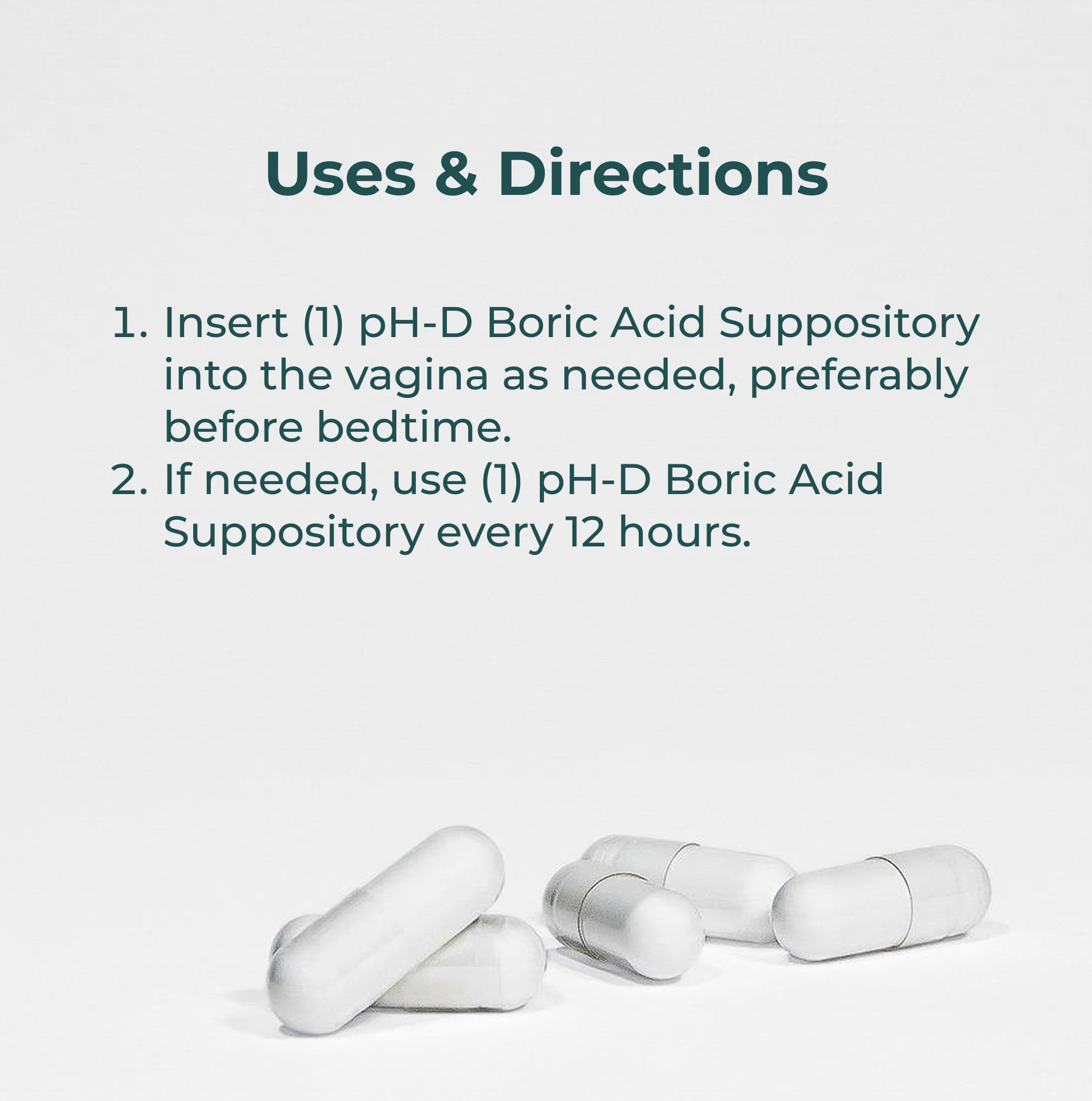 Back packaging includes usage notes for the boric acid suppositories.