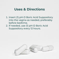 Back packaging includes usage notes for the boric acid suppositories.