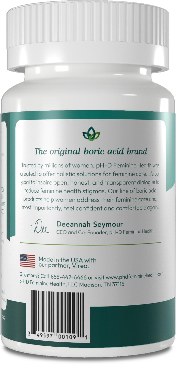 Shelf display of pH-D Feminine Health boric acid suppositories.