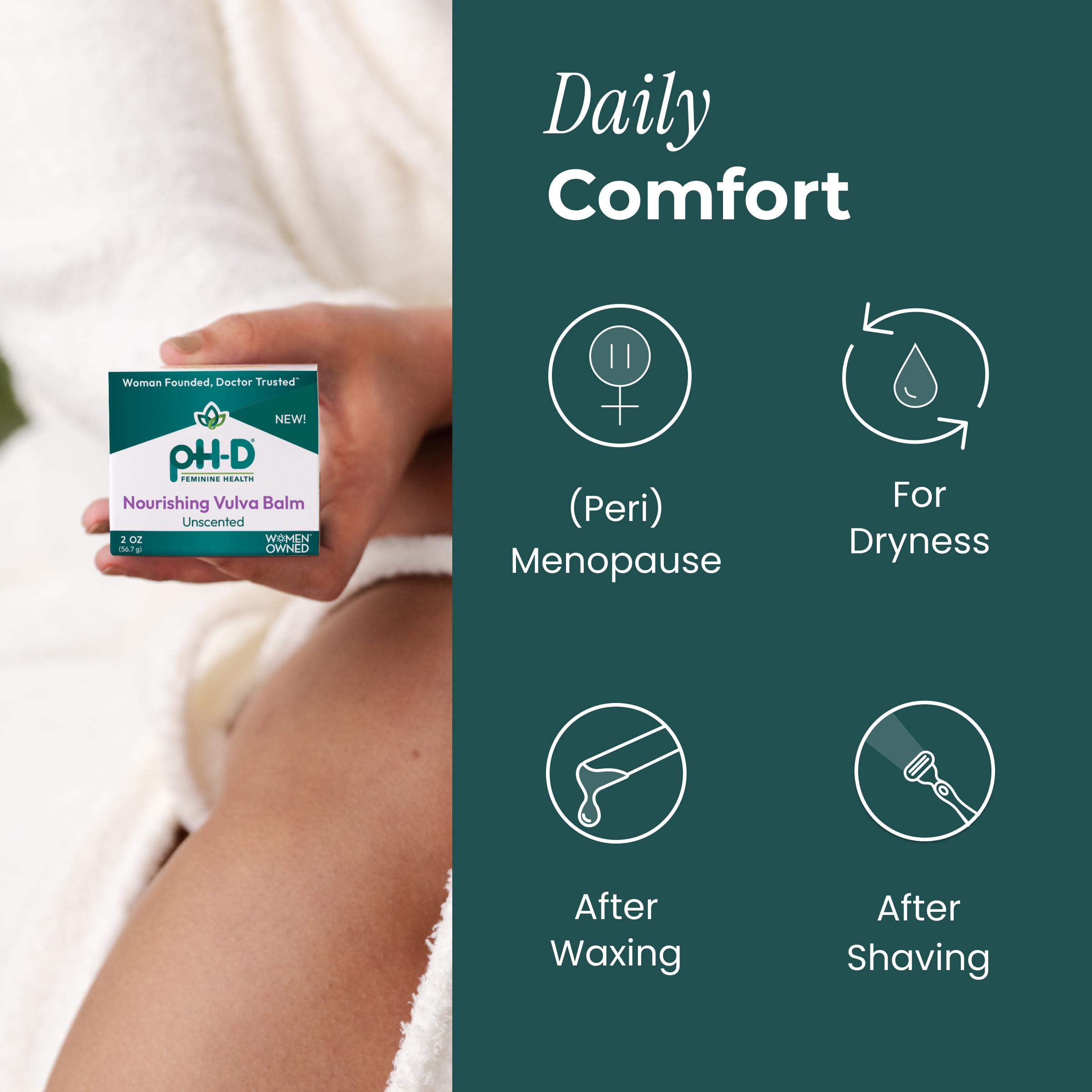 Close-up of pH-D Feminine Health Support balm on sensitive skin.