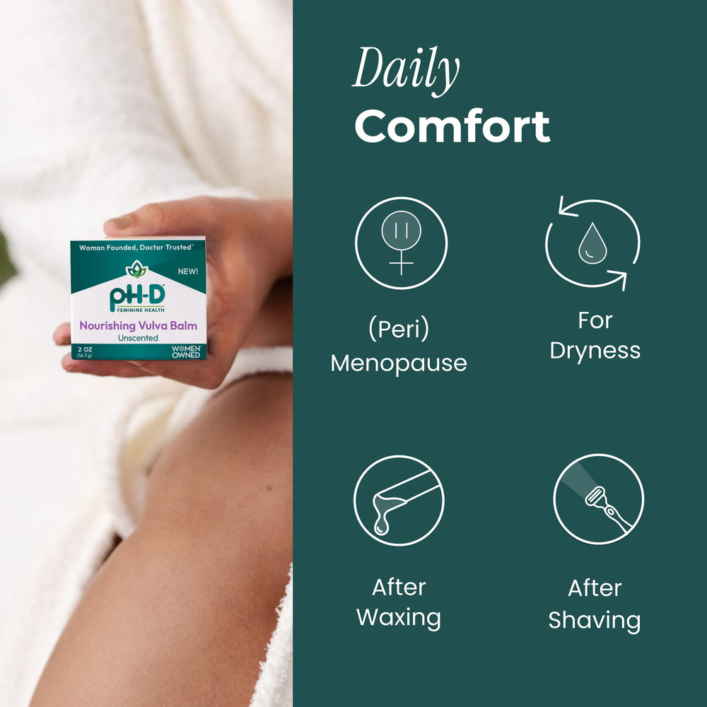 Close-up of pH-D Feminine Health Support balm on sensitive skin.