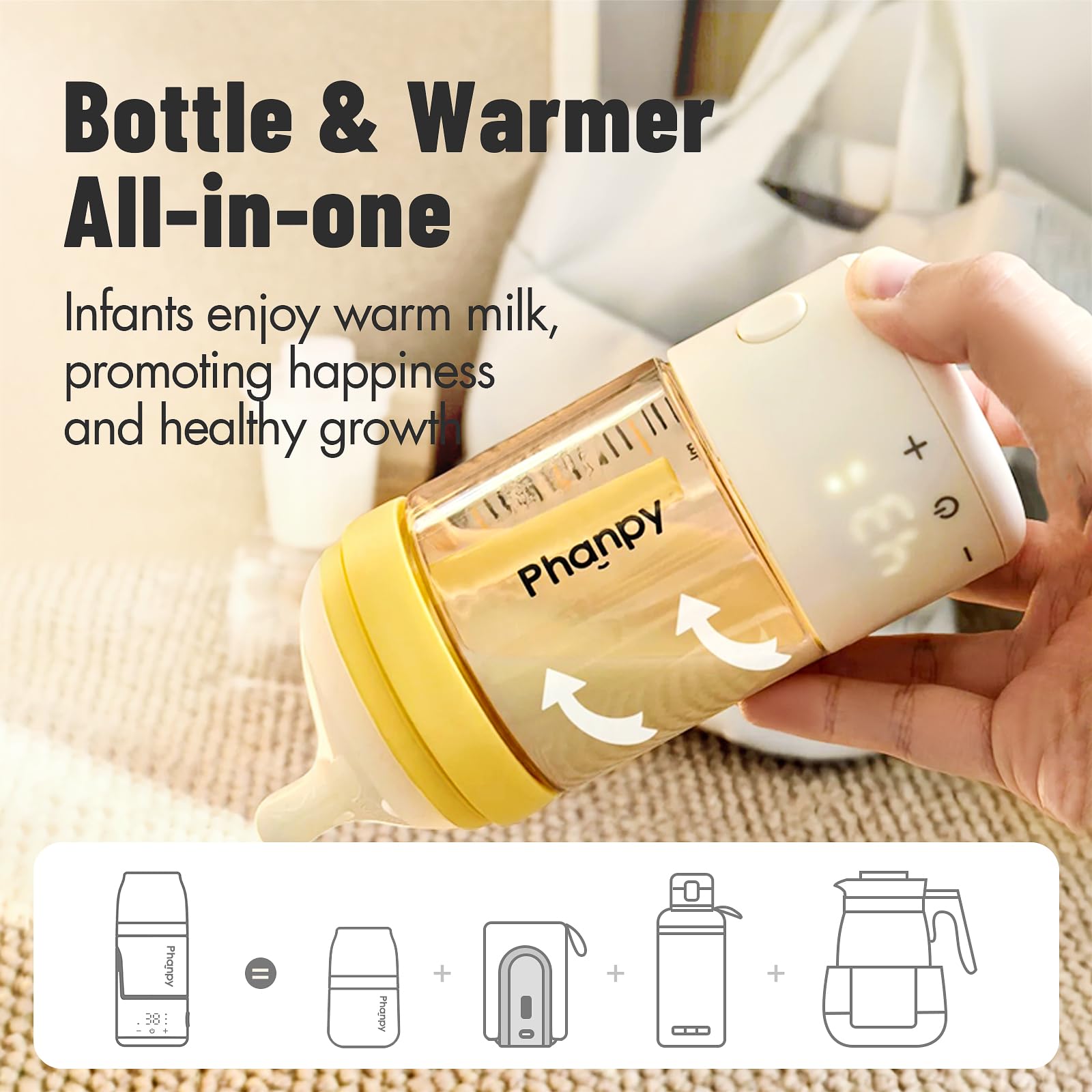Phanpy portable bottle warmer, side view, travel-friendly design for outings.