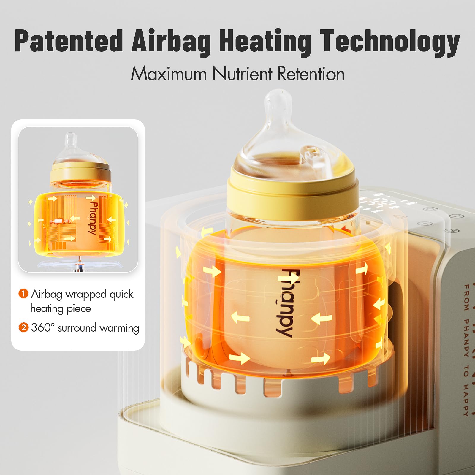 Phanpy SmartSwirl airbag heating detail showing even warming without water baths.