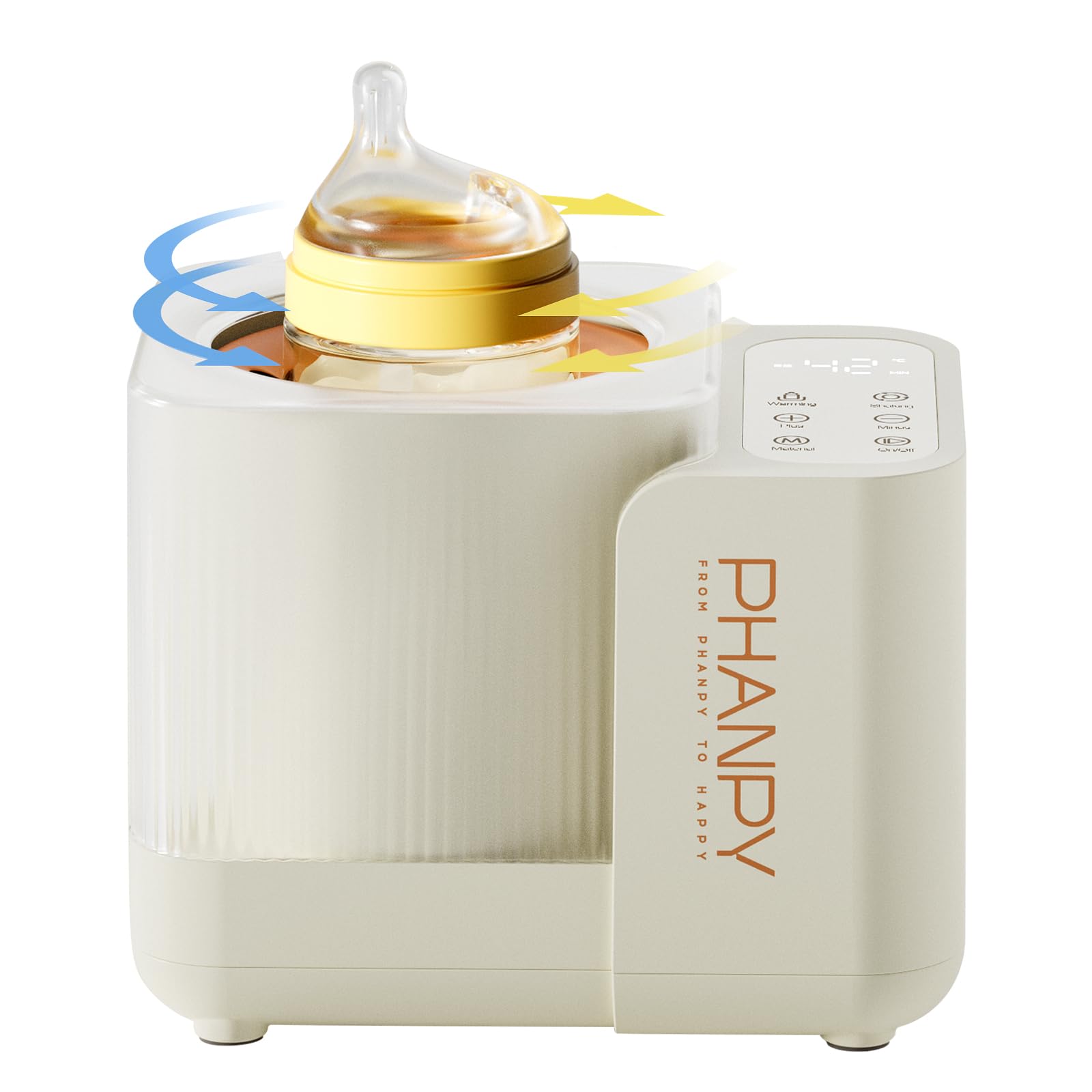 Phanpy SmartSwirl warmer front view; universal compatibility for all bottle sizes.