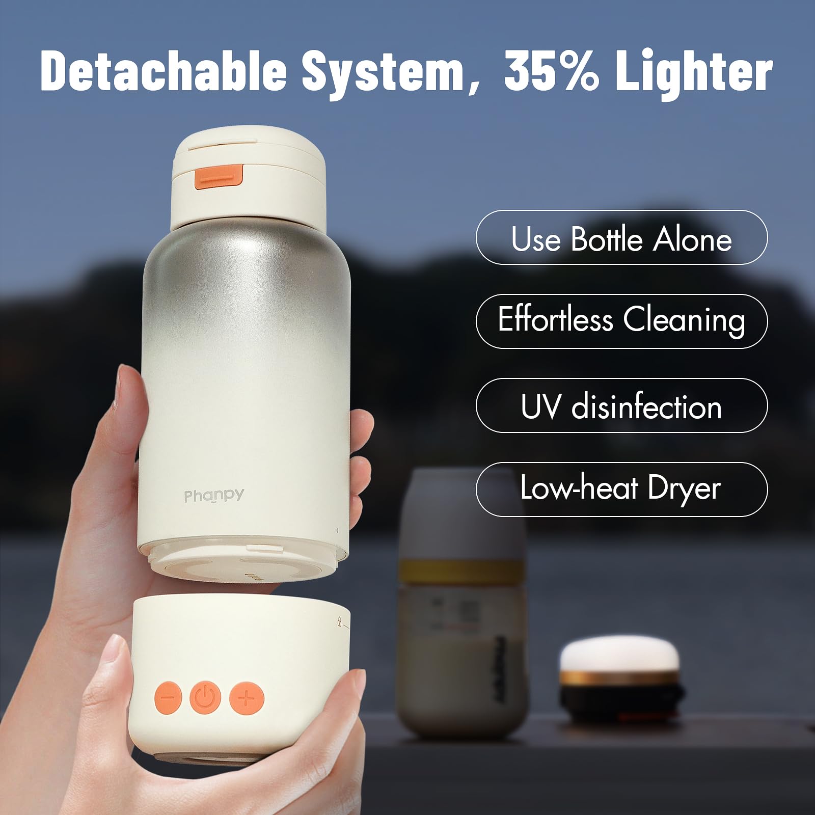 Phanpy stainless steel cup highlights durable, spill-resistant heating during use.